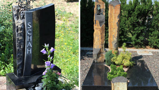 Links: Granit poliert mit Lebensbaum in Bronze; Rechts: Basaltstelen auf Granitplatte.