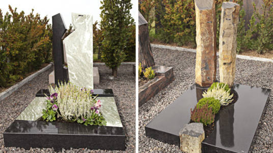 Links: Platte + Stein Granit poliert, 2-farbig; Rechts: Platte schwarzer Granit und Basaltstelen.